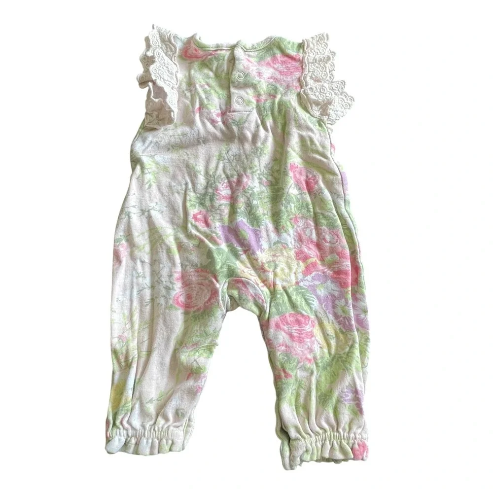 Laura Ashley Baby Floral Romper‎ Eyelet Lace Sleeves Pink Rose 6-9 Months